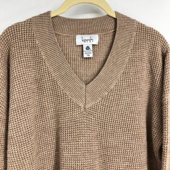 Kersh Light Khaki Tan Camel ribbed Knit V-neck Merino tencel Blend Sweater L - Picture 6 of 16